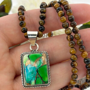 Peacock Dahlia Turquoise Pendant Necklace Boho Southwest Handmade New 925